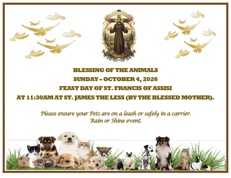 Blessing of the Animals at St. James the Less on Sunday, October 4, 2026, at 11:30 AM.