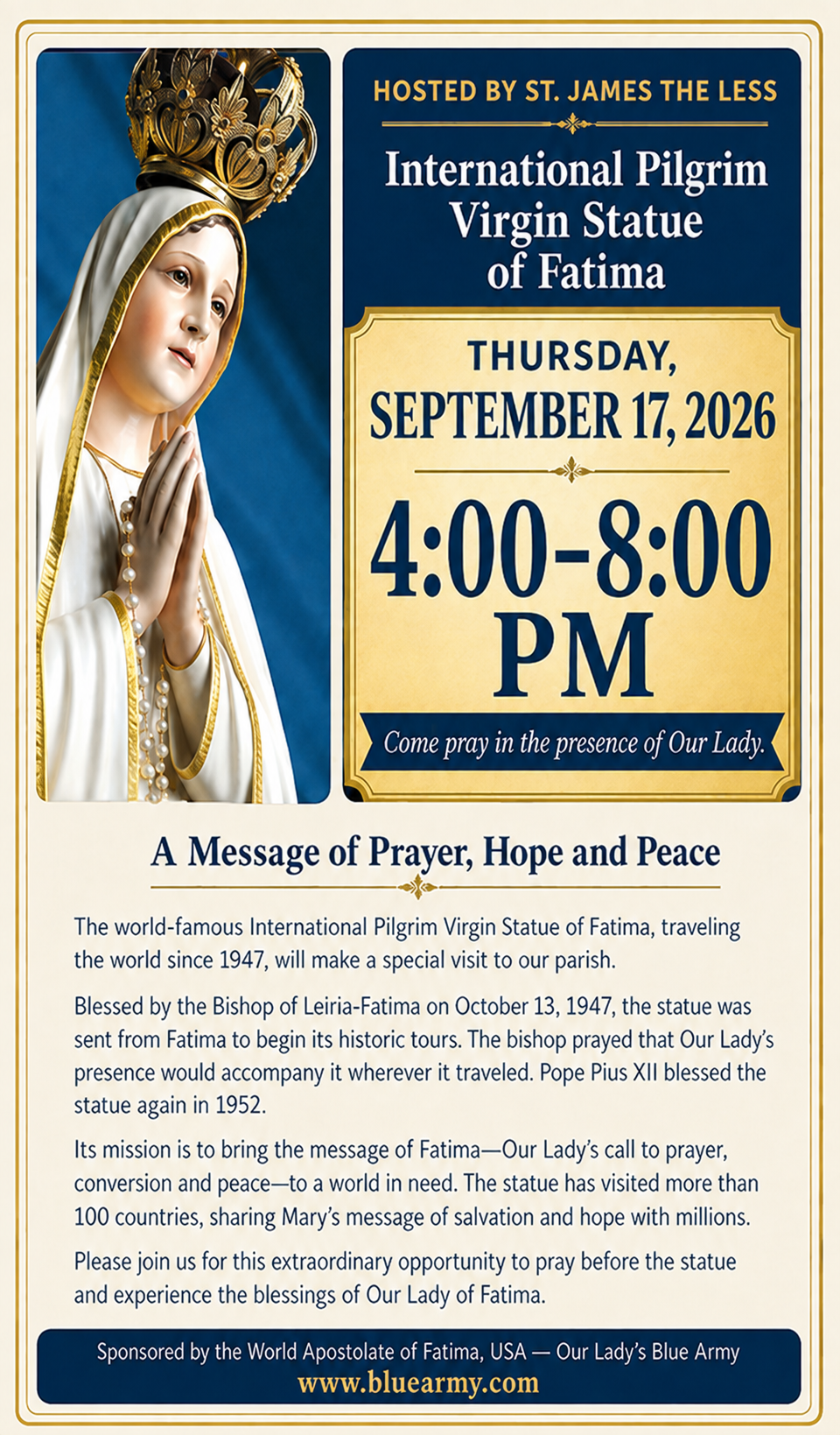 International Pilgrim Virgin Statue of Fatima at St. James the Less on Thursday, September 17, 2026, from 4:00 to 8:00 PM.